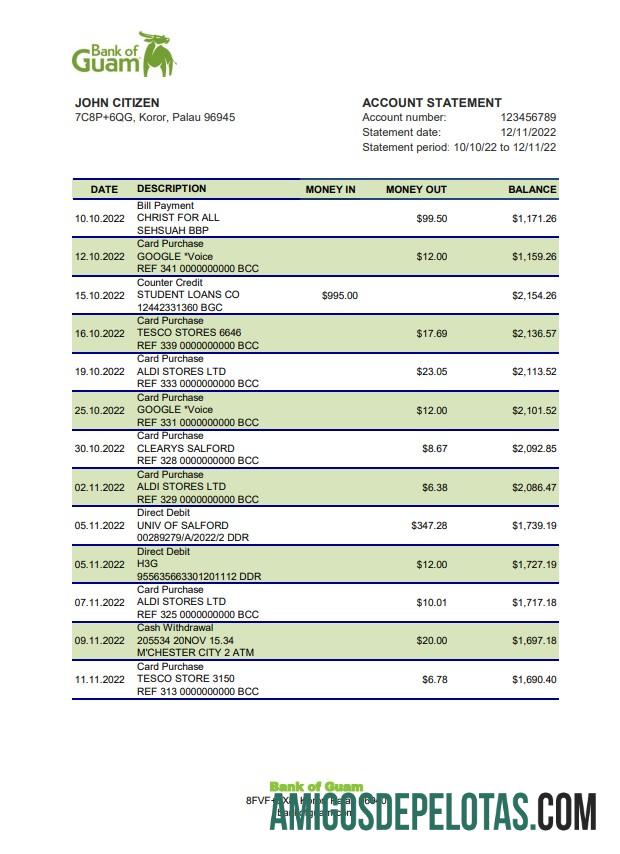 Exemplo de extrato bancário Xls do Palau Bank Of Guam